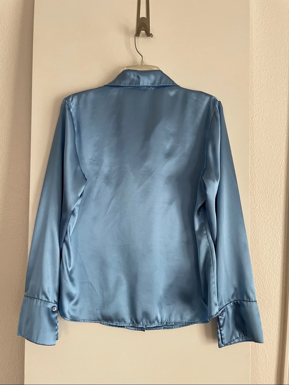 KASPER Satin Button Up Blouse Top Sky Blue Long Sleeve pre owned - Picture 2 of 8